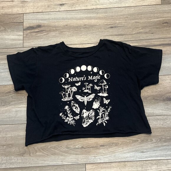 Hot Topic Nature’s Magic Crop Top SZ Medium Black Tan Mushroom Butterfly Y2k - Picture 1 of 8